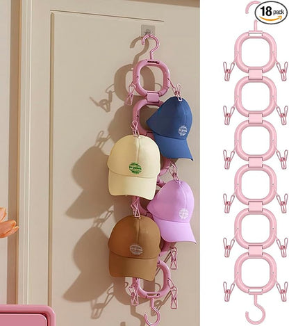 Hat Organizer Storage for Baseball Caps Hat Rack Small Space Organization for Wall and Cloeset Multi-Functional Hanger Hold up to 12 Hats 6 Scarf for Closet Door Bedroom (Pink - 6 Loops)