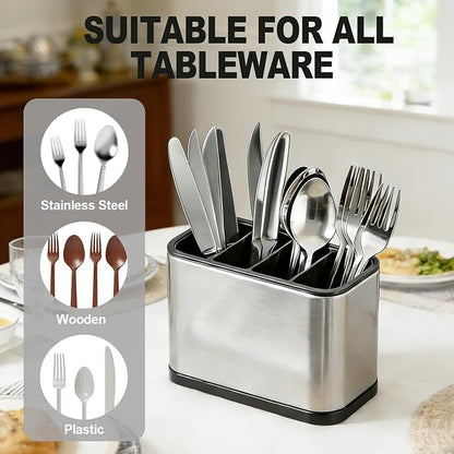 Utensil Holder, Silverware Organizer Caddy for Countertop Kitchen with 4 Compartments, Flatware Spoon Fork Tool Cutlery Holder Utensil Crock with Drain Tray for Counter Party Office, Silvery