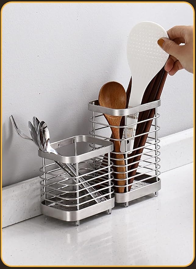 Stainless Steel Utensil Holder - Countertop Drying Caddy for Cutlery, Rust-Proof Organizer (Silver plus)