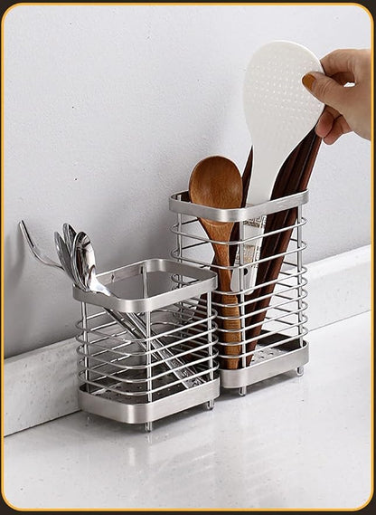 Stainless Steel Utensil Holder - Countertop Drying Caddy for Cutlery, Rust-Proof Organizer (Silver plus)