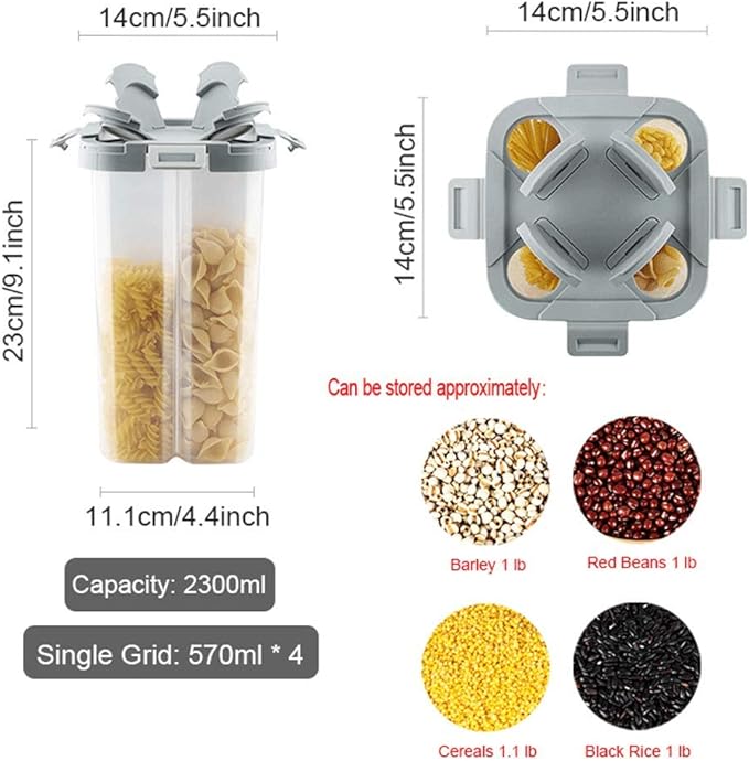 WINIAER Airtight Cereal Storage Container, Clear 2.3L Airtight Kitchen Food Storage Container with Lids and Compartments for Grain, Sugar, Flour, Rice, Nuts, Snacks