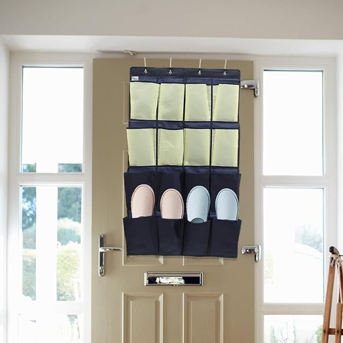 Mikikit The Door Shoe Organizer Bag with 16 Compartments Oxford Fabric Hanging Shoe Pouch for Closet and Bedroom Storage Blue and Yellow for Home Organization