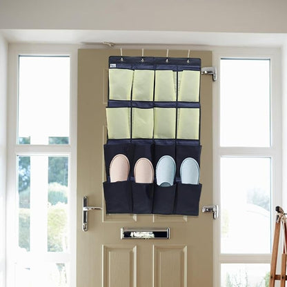 Mikikit The Door Shoe Organizer Bag with 16 Compartments Oxford Fabric Hanging Shoe Pouch for Closet and Bedroom Storage Blue and Yellow for Home Organization