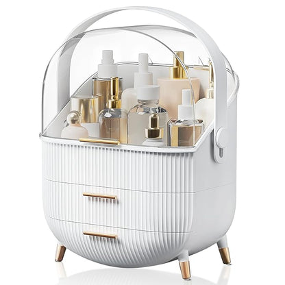 BTGGG Makeup Organizers, Make Up Organizer for Vanity, Countertop Cosmetic Storage with Drawers and Transparent Cover for Bedroom Bathroom, White