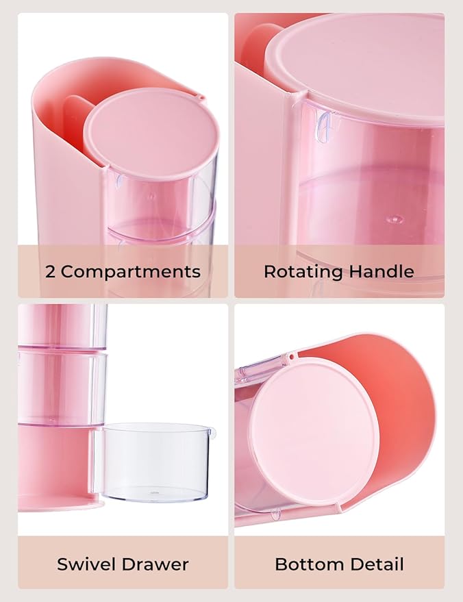 UFORU Hair Accessories Organizer with Hair Brush Holder, 3 Drawer Rotatable Hair Tie Organizer for Makeup Brushes, Hair Clips, Earrings, Necklaces, Bracelets and Hair Accessories, Pink, 3-Layer