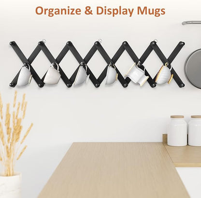 Accordion Wall Hanger, Hat Rack for Wall with 20 Coat Hooks, Expandable Hat Hangers Organizer, Vintage Decorative Coat Rack Wall Mount for Purse, Mug(Black)