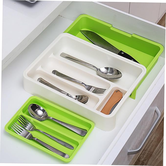 Telescopic Cutlery Storage Tray Kitchen Organizer Multi-divided Design for Versatile Storage Container for White Green