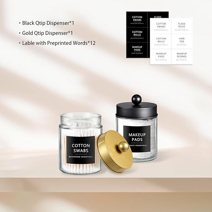 SheeChung 2-Pack Qtip Holder Dispenser - Glass Apothecary Jars with Rust-Proof Stainless Steel Lids - Modern Luxury Farmhouse Bathroom Vanity Organizer for Cotton Swabs, Balls, Pads(Black&Gold)