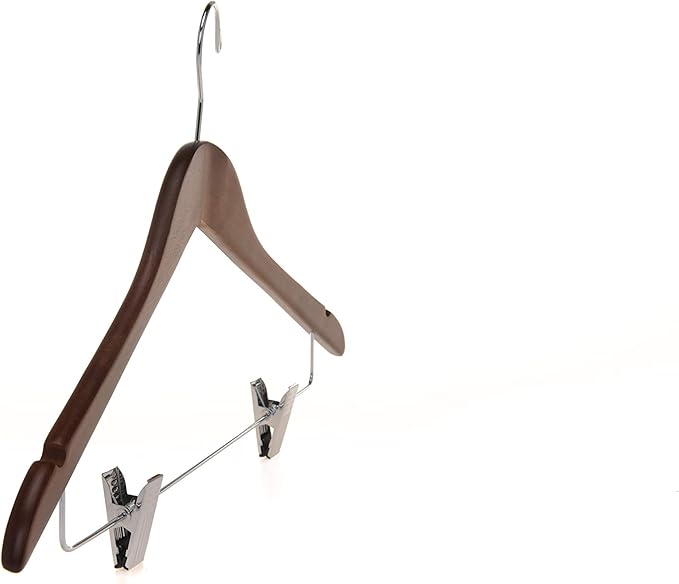 Quality Wooden Skirt Hangers with Clips, 10-Pack Smooth Solid Wood Pants Hangers with Durable Adjustable Metal Clips, Swivel Hook, Coat, Jacket, Blouse Suit Hangers (Walnut - Chrome Hook, 10)