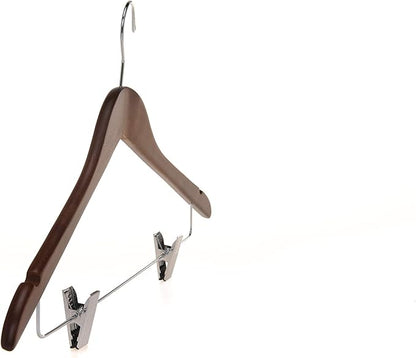 Quality Wooden Skirt Hangers with Clips, 10-Pack Smooth Solid Wood Pants Hangers with Durable Adjustable Metal Clips, Swivel Hook, Coat, Jacket, Blouse Suit Hangers (Walnut - Chrome Hook, 10)