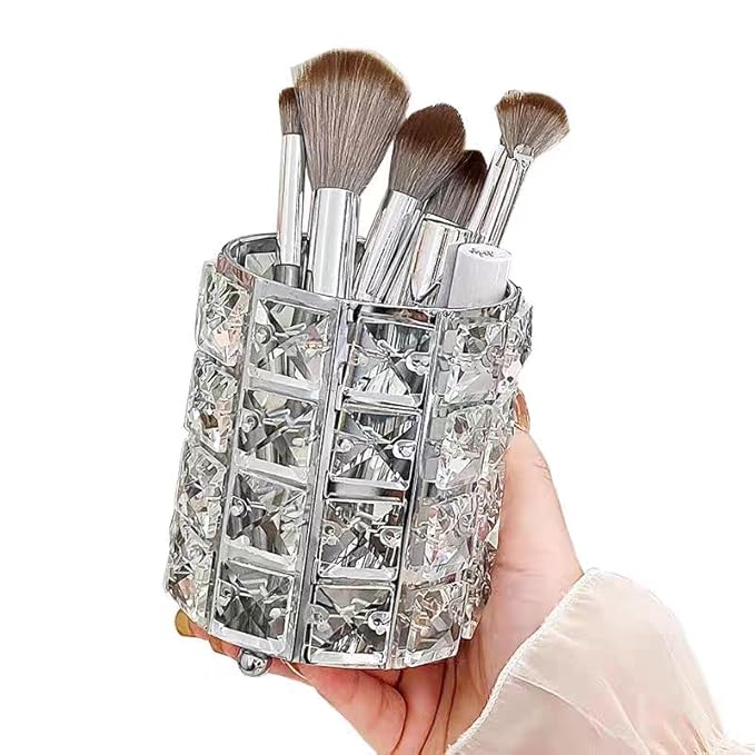 Silver Crystal Makeup Brushes Holder Organizer for Cosmetics Comb Brushes, Eyebrow Pen Pencil Storage Case Container, Silver