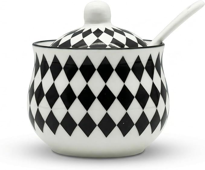 Snailhouse Salt Cellar with Lid and Spoon, 7 OZ Ceramic Spice Holder Container Jar Bowl Keeper Storage Canister for Countertop, Black Checkered