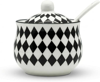 Snailhouse Salt Cellar with Lid and Spoon, 7 OZ Ceramic Spice Holder Container Jar Bowl Keeper Storage Canister for Countertop, Black Checkered