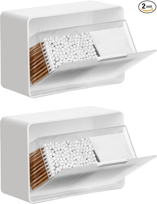 Qtip Holder, 2 Pack Wall Mount Qtip Holder Organizers for Bathroom Cotton Swabs, Balls, Cosmetic Cotton Pads, Dental Floss Storage - White