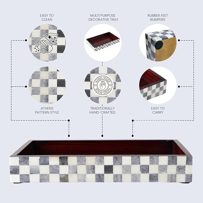 Handicrafts Home Small White & Black Bathroom Tray, Vanity Tray for Countertop & Kitchen Sink Decor, Decorative Napkin Holder, Vanity Tray for Cosmetics Organizer, Guest Towel Holder - Checkered 10x6