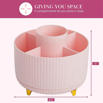 Paris Hilton 360° Rotating Makeup Brush Holder, Fluted Design with 5 Compartments, Glam Organizer for Brushes & Tools, Pink