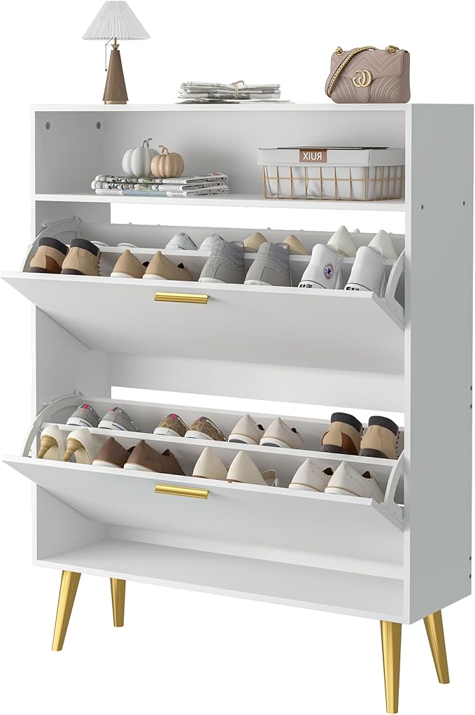 JOZZBY Shoe Cabinet for Entryway, White Narrow Shoe Storage Cabinet with 2 Flip Drawers and Open Shelves, Hidden Freestanding Shoe Rack Storage Organizer for Hallway, Living Room
