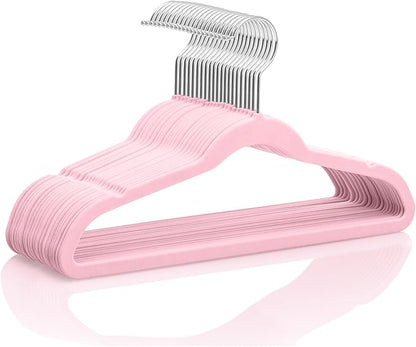 MIZGI Kids Velvet Hangers,Non-Slip Big Kids Hangers,14 Inch Hangers for Youth,Teen Clothes,Pack of 50（Pink/Silver）