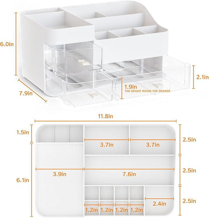 SuoXing White Make up Organizers for Vanity,Large Plastic Bathroom Counter Organizer With Drawers,Skincare Organizers and Cosmetic Storage for Dresser Top Skin Care,Beauty Products and Brush Holder