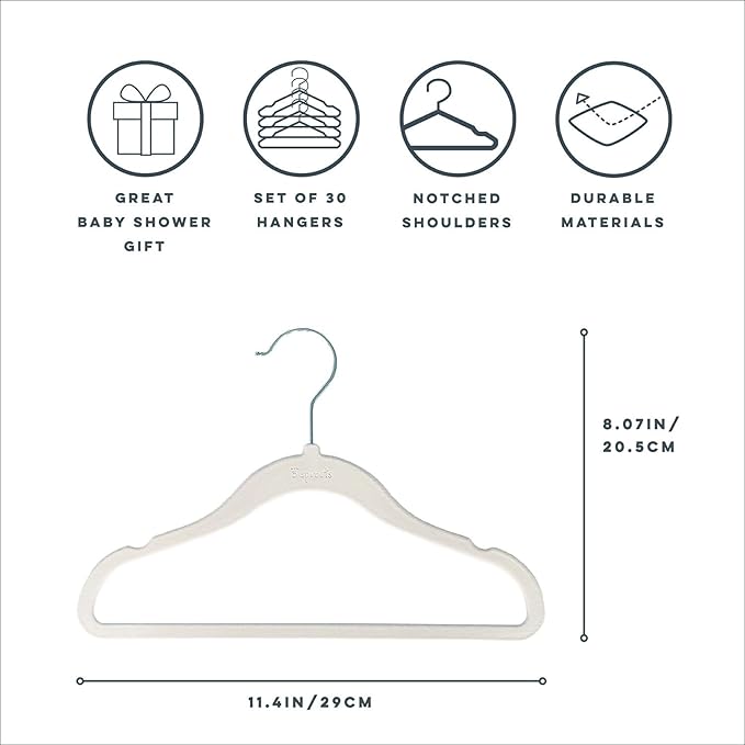 3 Sprouts Velvet Baby Hangers - Non-Slip Hangers for Infant and Toddler Clothes - Slim Space-Saving Design with Nordic Colors for Nursery - 30 Pack - Cream