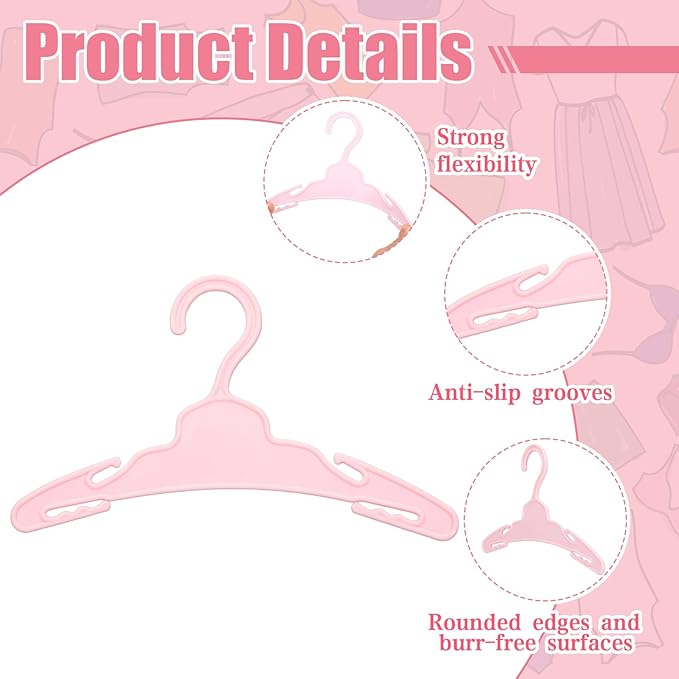 Soulchen 50 Pcs Doll Clothes Hangers for 18 Inch Dolls, Pink Plastic Clothes Hangers with Non-Slip Clips, Space-Saving Wardrobe Accessories for Gown Dress Outfit