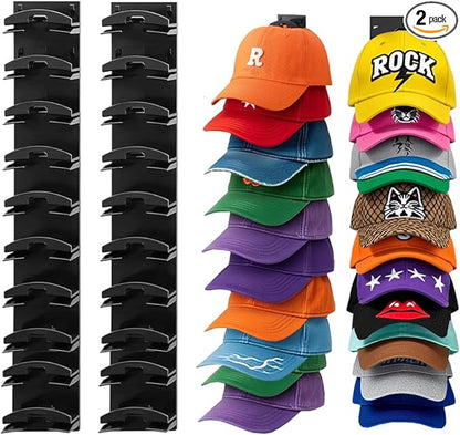 Hat Hook for Wall, 2 Pack Hat Organizer Hold up to 20 Hats, Hat Rack for Wall with Strong Adhesive, Hat Rack for Door Closet, Multi-Tier Hat Organizer, Two Mounting Options (Black)