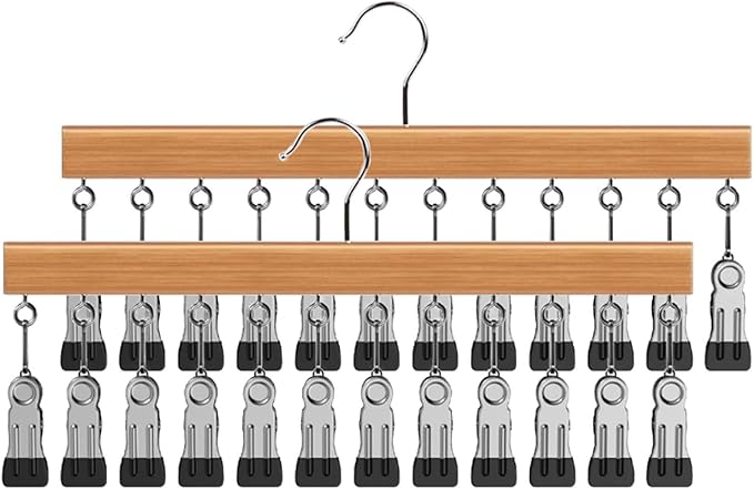 Closet Organizer with 12 Clips, 2 Pack Closet Space Savers for Hanging Clothes, Wooden Pants and Leggings Hangers with 360° Rotating Hook, Space-Saving Hat Scarf Clothespins, Natural Wood Color
