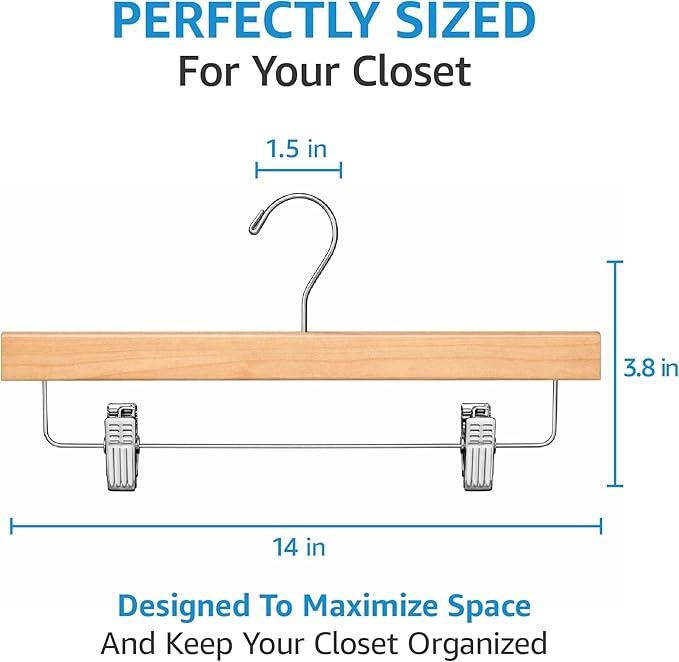 ZOBER Wooden Pants Hangers with Clips - 10 Pack Premium Solid Lotus Wood Skirt Hangers for Women, Heavy Duty Wooden Hanger with Adjustable Metal Grip Clips for Jeans and Shorts, Smooth Finish, Natural