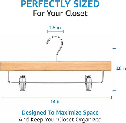 ZOBER Wooden Pants Hangers with Clips - 10 Pack Premium Solid Lotus Wood Skirt Hangers for Women, Heavy Duty Wooden Hanger with Adjustable Metal Grip Clips for Jeans and Shorts, Smooth Finish, Natural