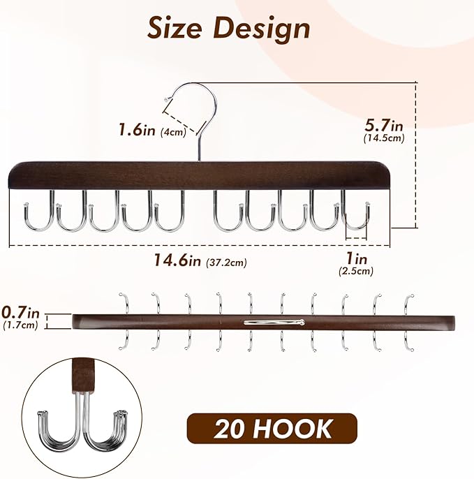 HOUSE DAY Belt Hanger for Closet 2 Pack, 40 Hooks Bra/Tie/Tank Top Hanger, Space Saving Hangers Storage Max 40 Belts/Ties, Sturdy Wooden Belt Rack Closet Accessories