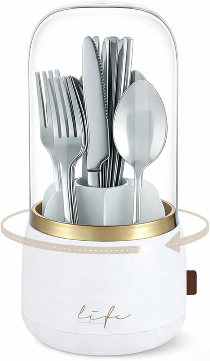 Silverware Organizer with Lid, 360° Rotation Utensil Holder for Kitchen Counter, Silverware Caddy for Party, 7 Slots Fits Standard Utensils & Steak Knives, Not for Extra-Long Knives(White)