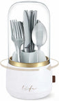 Silverware Organizer with Lid, 360° Rotation Utensil Holder for Kitchen Counter, Silverware Caddy for Party, 7 Slots Fits Standard Utensils & Steak Knives, Not for Extra-Long Knives(White)