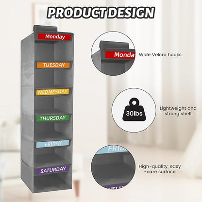 6-Shelf Weekly Clothes Organizer for Kids, Hanging Closet Organizer for Kids & Adults, Collapsible Hanging Closet Shelves, Monday-Saturday Days of The Week Clothes Shelves with 6 Side Pockets (Grey)