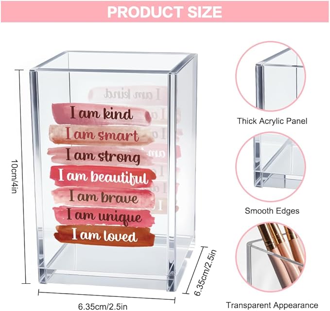 I Am Kind Smart Strong Beautiful Acrylic Makeup Brush Organizer Holder, Daughter Affirmations Desk Acrylic Brushes Storage, Inspirational Graduation Gifts for Daughter Niece Sister Makeup Lovers