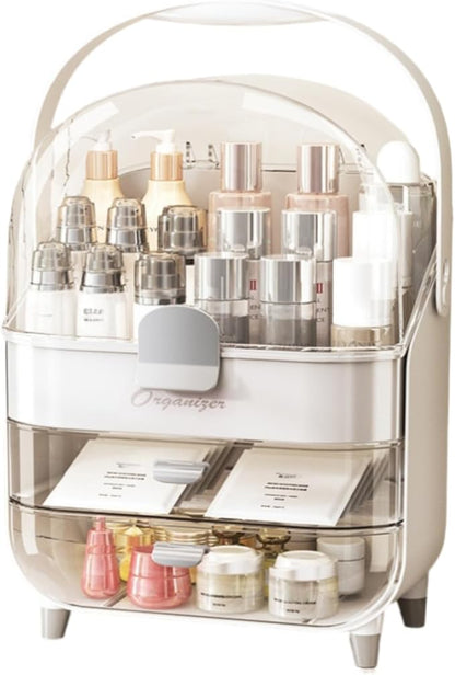 Makeup Organizer, Skincare Organizers with Clear Lid & 2 Drawers and 360° Rotating Brush Holder