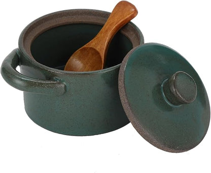 ZALIR Ceramic Salt Cellar with Lid and Wooden Spoon, Rough Pottery Seasoning Pot, 4.3 x 3.5 x 2.4 in Kitchen Jar, Rustic Spice Bowl for Sugar, Salt, Spices