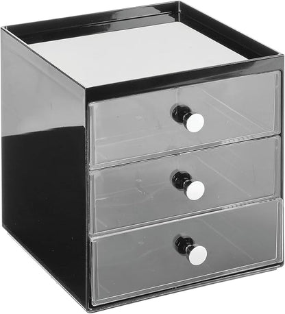 mDesign Makeup Organizer Storage Station Cube with 3 Drawers for Bathroom Vanity, Cabinet, Countertops - Holds Lip Gloss, Eyeshadow Palettes, Brushes, Blush, Mascara - Black/Clear