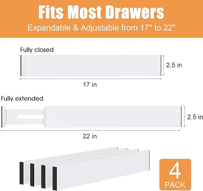 Bamboo Drawer Dividers,17-22" Adjustable Kitchen Drawer Organizer for Clothes,4 Pack Expandable Drawer Organization Separators for Bedroom,Bathroom,Dresser and Office,White