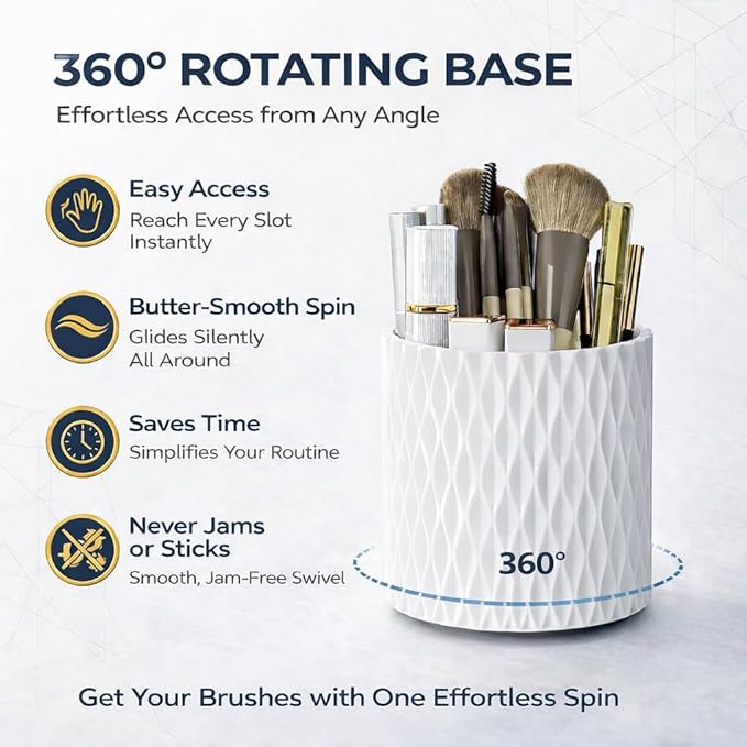 Makeup Brush Holder Organizer, 360° Rotating 5-Slot Make up Brushes Cup for Cosmetic, Lipstick, Hair Brush Holder - Spinning Vanity Countertop Caddy for Bathroom, Dorm & Office, White