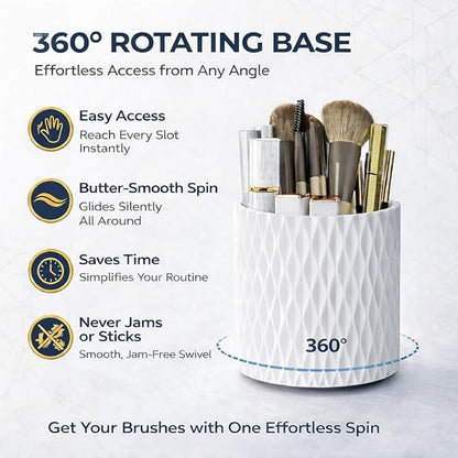 Makeup Brush Holder Organizer, 360° Rotating 5-Slot Make up Brushes Cup for Cosmetic, Lipstick, Hair Brush Holder - Spinning Vanity Countertop Caddy for Bathroom, Dorm & Office, White