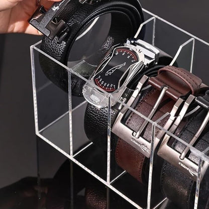 Belt Organizer, Acrylic Belt Storage Holder for The Closet, 5 Compartments Clear Belt Storage Holder for Closet & Drawer, Wall Mountable Display Rack for Belts, Ties, Scarves, and Purse Accessories