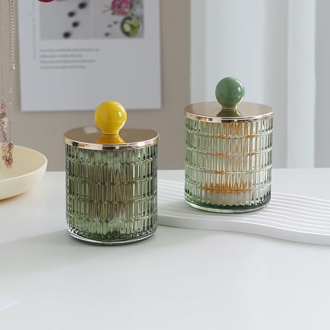 WAIT FLY Embossed Glass Cotton Swabs Dispenser with Lid Bathroom Cup Bathroom Vanity Organizer-Green