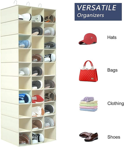 Libeder Hanging Closet Organizers 30 Section Shoe Shelves, Shoe Storage Hanging Shoe Holder, Breathable No-wover Fabric for Shoes, Beige