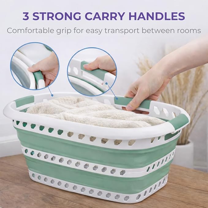 Laundry 360 Collapsible Laundry Basket | Portable | Space Saver Storage | Hold 2 Loads | Store Under the Bed or Closet | Good for Kids | Dorm | Bedroom | Large | White/Sage