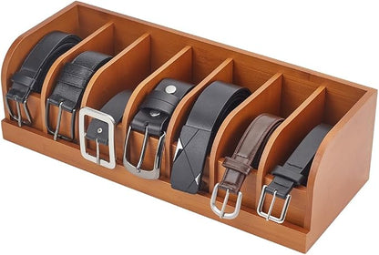 CUTHOLLOW Belt Organizer for Closet, 7 Compartments Wood Belt Storage Holder for Drawer, Bamboo Belt and Tie Box Organizer Display Case for Women Men