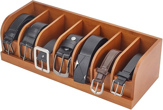 CUTHOLLOW Belt Organizer for Closet, 7 Compartments Wood Belt Storage Holder for Drawer, Bamboo Belt and Tie Box Organizer Display Case for Women Men