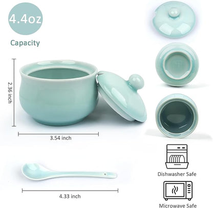 Porcelain Salt Cellar with Lid and Spoon, 4.4 oz Salt Container Sugar Bowl for Spice & Seasonings, Elegant Kitchen Counter Decor, Chinese Celadon (Ivory Blue)