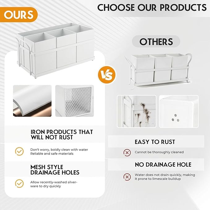 Utensil Holder Mesh Drainage Holes, 4pcs Bins Set Countertop Utensil Holder for Plate, Spoons, Forks and Knives, Cutlery Organizer Suitable for Party, Kitchen Counter, White