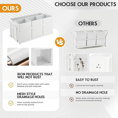 Utensil Holder Mesh Drainage Holes, 4pcs Bins Set Countertop Utensil Holder for Plate, Spoons, Forks and Knives, Cutlery Organizer Suitable for Party, Kitchen Counter, White