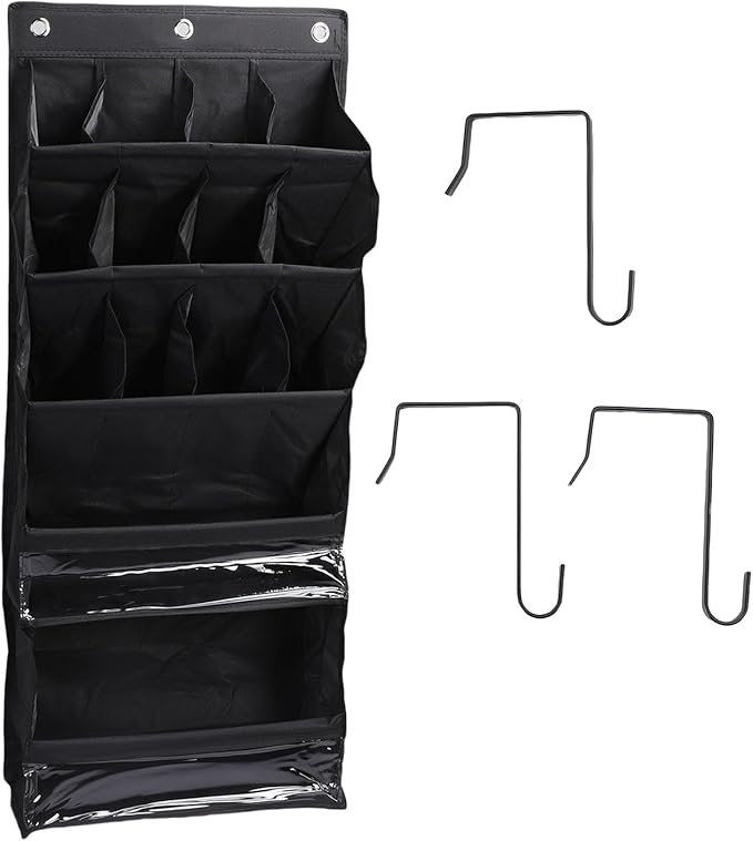 Over The Door Shoe Bag with Pockets | 600D Oxford Fabric Breathable Hanging Storage | Space Saving Shoe Rack for Closet/Dorm/Entryway | Multi - Purpose Organizer, Hooks (Black)